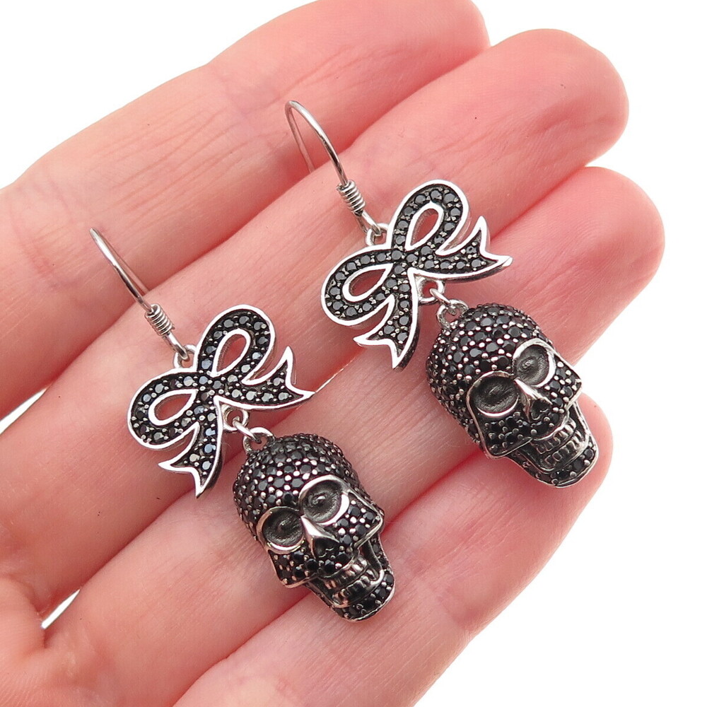 925 Sterling Silver Real Round-Cut Black Spinel Skull & Bow Dangle Earrings